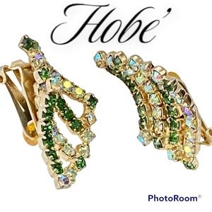 Vintage Hobe' Shades of Green Rhinestone
Gently Curved, Clip Earrings.